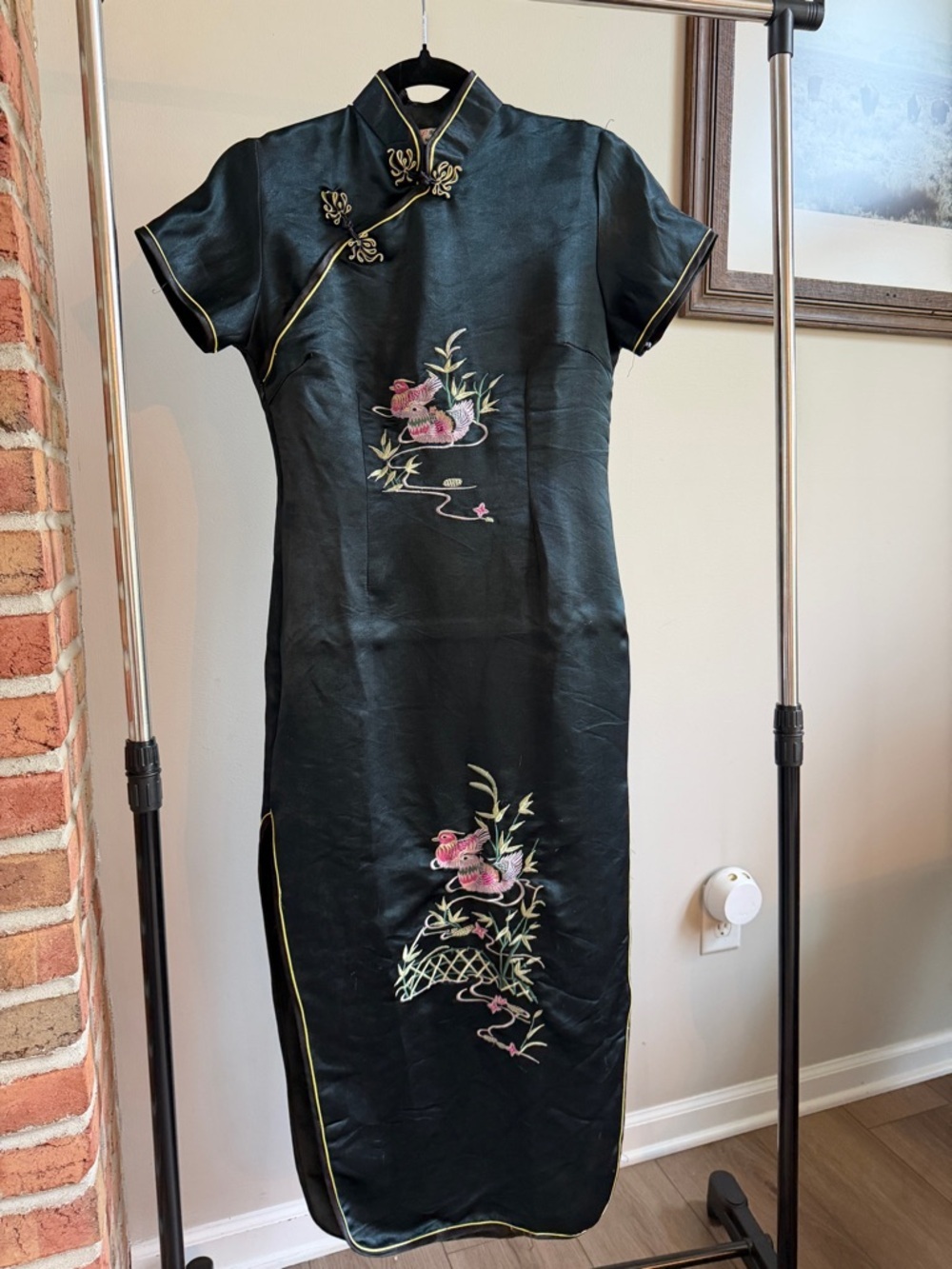 Classic Black Embroidered Silk Cheongsam Dress